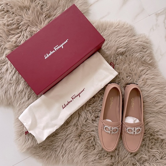 Salvatore Ferragamo Rhinestone Leather Driving Loafers Moccasins Amaretti Blush - Picture 13 of 13